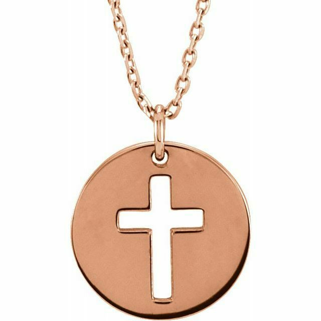 The simplicity of your faith is represented by this rose gold pierced cross disc pendant. Polished to a brilliant shine. 