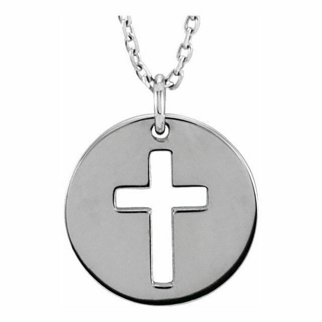 The simplicity of your faith is represented by this white gold pierced cross disc pendant. Polished to a brilliant shine. 
