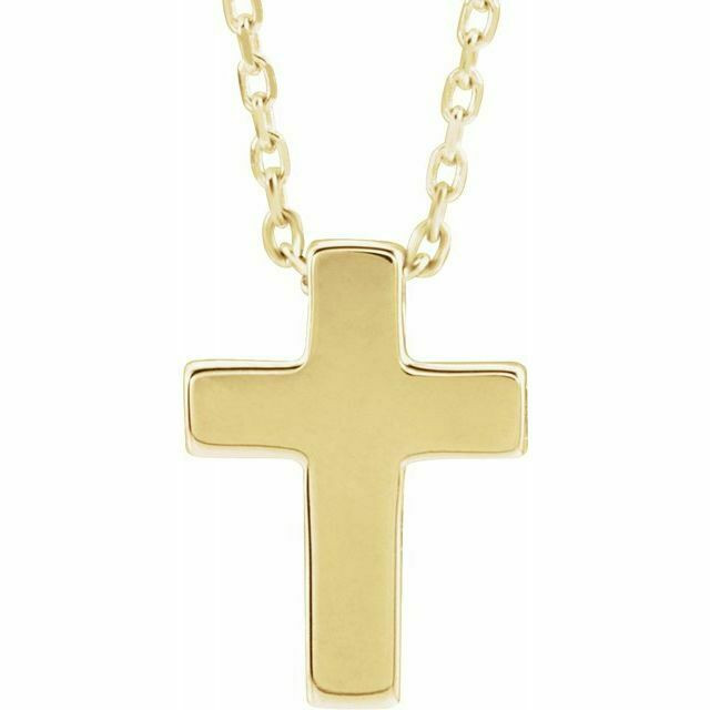 The simplicity of your faith is represented by this yellow gold cross 16-18" adjustable necklace. Polished to a brilliant shine. 