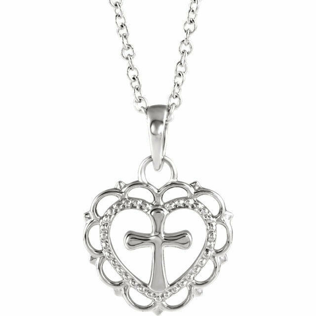 This heart with cross youth 16-18" adjustable necklace has an elegant design in 14K White Gold. Pendant measures 15.50x11.70mm and has a bright polish to shine.