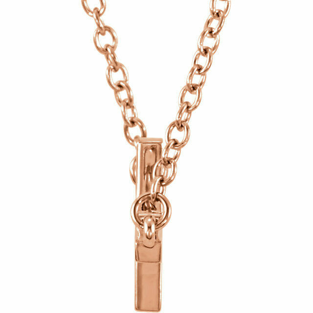 A sideways cross 16-18" necklace is crafted in polished 14k rose gold to create this lovely symbol of faith. Polished to a brilliant shine. 