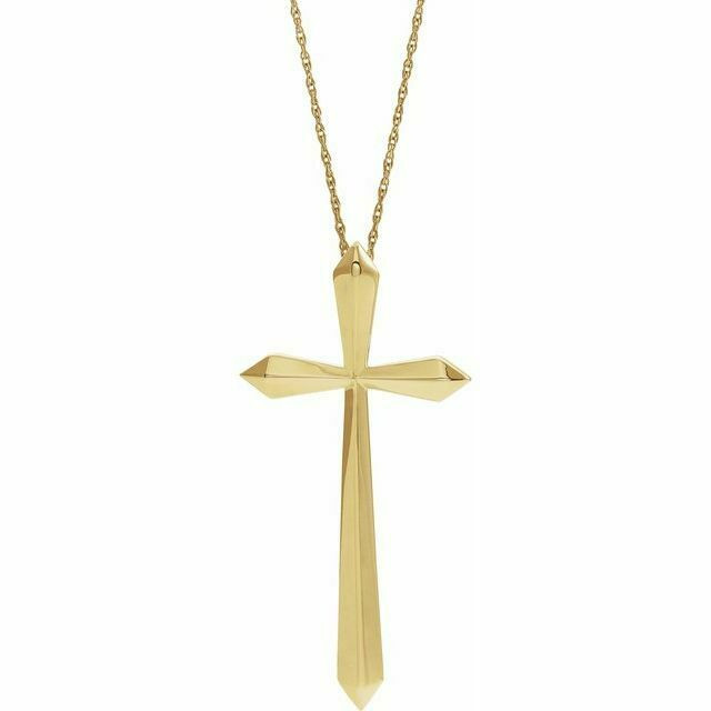 The elongated cross pendant will bring your faith close to your heart.  A meaningful and significant gift for that special person who is not afraid to show the love for their faith. Polished to a brilliant shine.