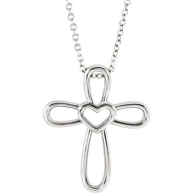 This open heart cross necklace has an elegant design in sterling silver. Polished to a brilliant shine.