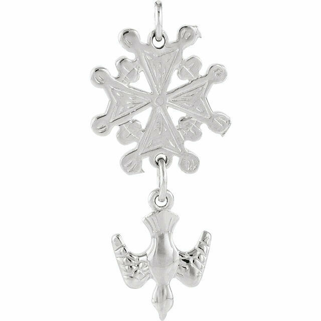 Huguenot Cross handcrafted in sterling silver with dangle dove. Approx. 1" tall including loop and dove. An important symbol of Huguenot heritage. 