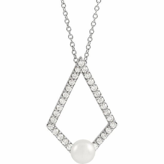 Make a bold and modern fashion statement with this cultured freshwater pearl & Diamond Geo Pendant Necklace in a geometric-shaped 14k white gold design showcased by 29 sparkling accent diamonds set off by a singular freshwater cultured freshwater pearl. 