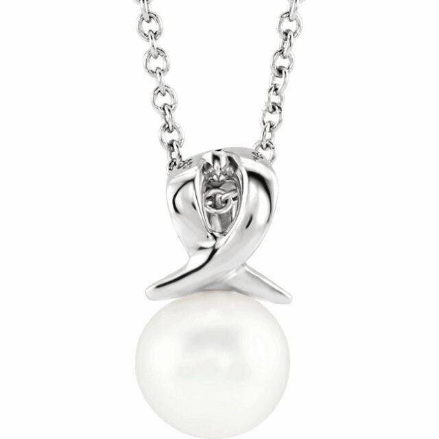 This Freshwater cultured pearl, attached to an sterling silver bail, suspends from a delicate sterling silver cable chain. Perfect for wearing alone or layering it with other pieces, it is suspended from a matching cable chain that can fasten at 16 or 18 inches. 