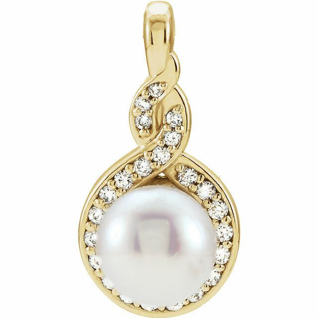 A brilliant look, this pearl fashion pendant transitions perfectly from day into evening. Fashioned in 14k yellow gold, this clever design features an 6.0-6.5mm cultured freshwater pearl center stone surrounded by a halo of shimmering diamonds. Polished to a brilliant shine.