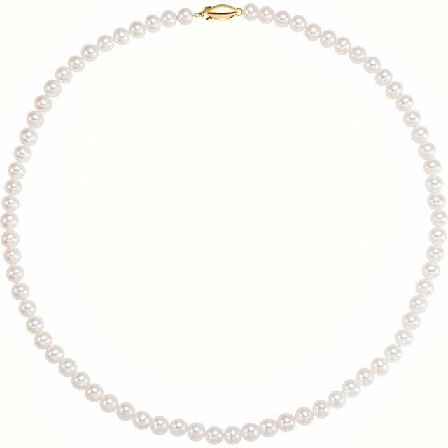 Our classic pearl strand features nearly 6.5 to 7.5mm round freshwater cultured pearls strung on a hand-knotted silk cord. This 18" strand is secured with a 14k yellow gold safety clasp. 