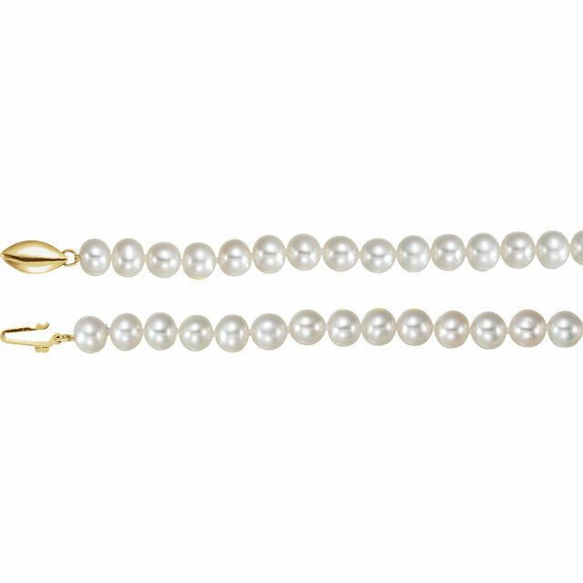 Our classic pearl strand features nearly 6.5 to 7.5mm round freshwater cultured pearls strung on a hand-knotted silk cord. This 18" strand is secured with a 14k yellow gold safety clasp. 