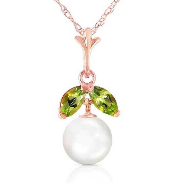 Nature and fantasy come together in this demure 14k rose gold necklace with natural pearl & peridot. This truly unique piece seems straight from the fairy gardens of our wildest dreams. It features a two carat round Pearl and detail jewels of two marquis shaped .20 carat Peridot gemstones.

The Pearl hangs almost as a fantastical gemstone fruit, and the peridots seem almost to be dewy leaves. It comes with a 14k rose gold 18 inch long double link rope chain. This necklace is for the dainty among us, and for those who appreciate things of sheer fantasy and perky elegance.