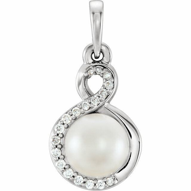 A smart finish to any already-elegant look, this sophisticated pearl and diamond pendant is certain to be adored. Fashioned in sterling silver, this dainty accent piece features an 6.0-6.5mm cultured freshwater pearl with round cut diamonds. Blissful with .07 ct. t.w. of diamonds and a bright polished shine.