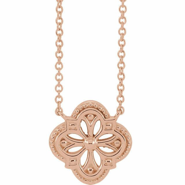 Styled in lustrous 14k rose gold, the pendant sways from your choice of either a 16 or 18-inch cable chain secured with a spring ring clasp. Just send us a message and let us know if you want a 16 or 18" chain.