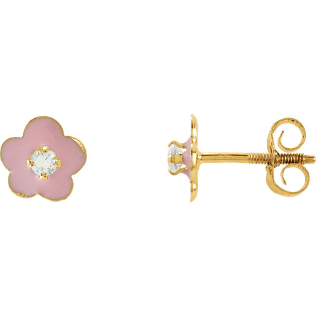 Youth Enamel Flower & Cubic Zirconia Earrings In 14K Yellow Gold. Each comes with its own pad, box, tote bag and signature card.