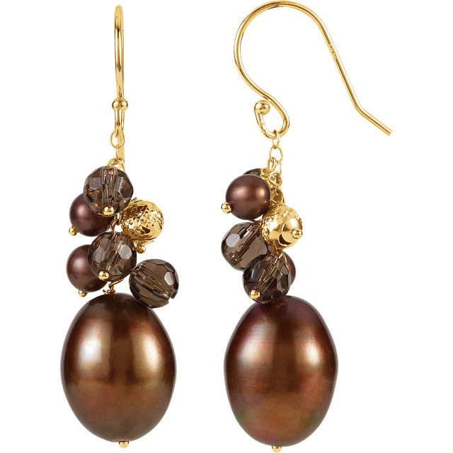 Freshwater Cultured Dyed Chocolate Pearl & Smoky Quartz Earrings In 14K Yellow Gold. Length is 40.50mm and the width is 10.50mm. Polished to a brilliant shine.