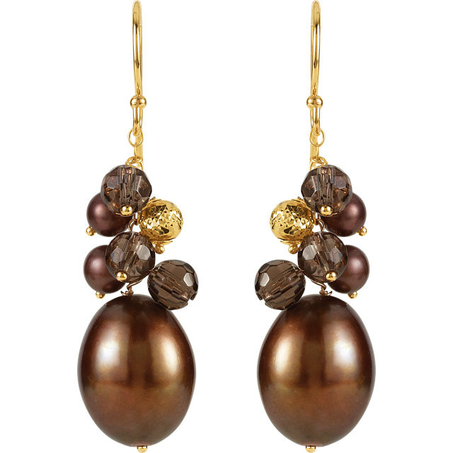 Freshwater Cultured Dyed Chocolate Pearl & Smoky Quartz Earrings In 14K Yellow Gold. Length is 40.50mm and the width is 10.50mm. Polished to a brilliant shine.