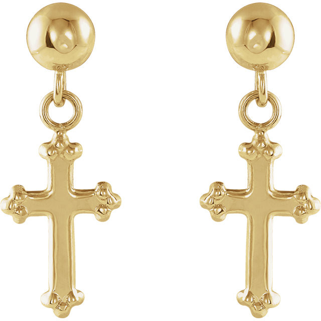 Cross Dangle Earrings In 14K Yellow Gold measures 11.00x08.00mm and has a bright polish to shine.