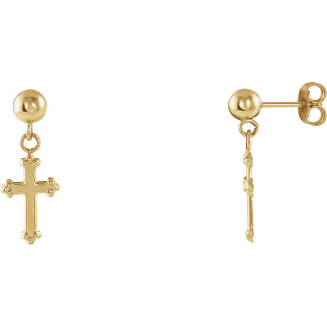 Cross Dangle Earrings In 14K Yellow Gold measures 11.00x08.00mm and has a bright polish to shine.