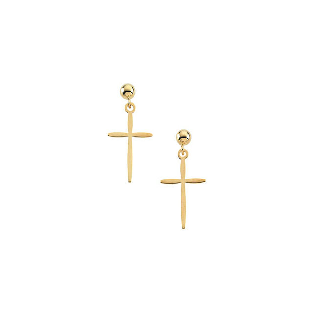 These curved cross dangle earrings are made of polished 14kt yellow gold. Each earring measures 17mm by 11mm and weighs 0.75 grams.