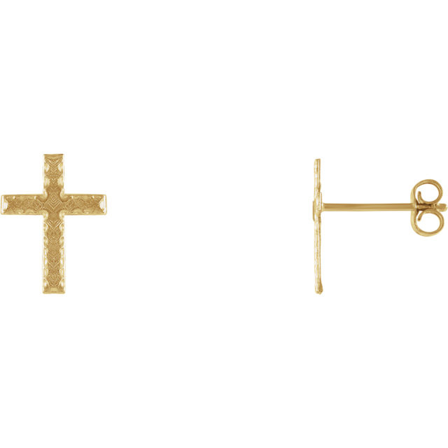 These curved cross earrings are made of polished 14kt yellow gold. Each earring measures 13mm x 9mm and weighs 0.72 grams.