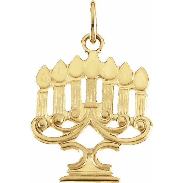We have this interesting Menorah pendant forged of 14k yellow gold. It reveals a Menorah pattern. This pendant is carefully completed to a bright polish to shine. Get a hold of this spectacular Menorah pendant now and acquire a limitless personalized accent.