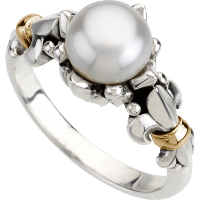 Crafted in sterling silver & 14k yellow gold, this ring features an 8-9mm round freshwater cultured pearl.