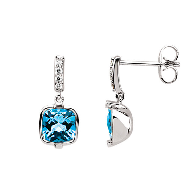 Sparkling and elegant, these drop earrings are a thoughtful look for December birthday girl. Created in 14k white gold, each earring showcases a 6.0mm Swiss blue topaz center stone. A magical look she's certain to adore, these earrings secure comfortably with lever backs.