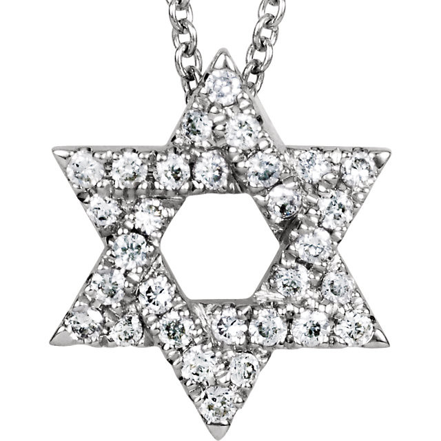 This Jewish star shimmers with 30 prong set diamonds with a total of approximately 0.17 carats.

This 14k white gold Star of David pendant hangs from a matching 16 inch chain that dazzles with every move.

This diamond star pendant is just the right size to share your religious beliefs in a simple and sophisticated way.