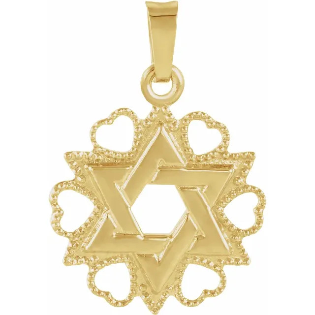 This beautiful, 14K yellow gold Star of David pendant is bordered with a beaded, open-heart design. An open, traditional Six-point star rests in the center. Measures just under 3/4" in length.