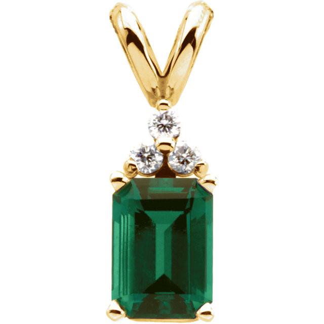 Product Specifications

Quality: 14K Yellow Gold

Jewelry State: Complete With Stone

Gemstone Type: Chatham® Created Emerald

Gemstone Size: 07.00x05.00mm

Gemstone Shape: Emerald/Octagon

Diamond Total Carat Weight: .06

Diamond Shape: Round

Diamond Color: G-H

Diamond Clarity: I1

Diamond Size: 01.70mm

Weight: 0.84 grams

Finished State: Polished

Pendant Only