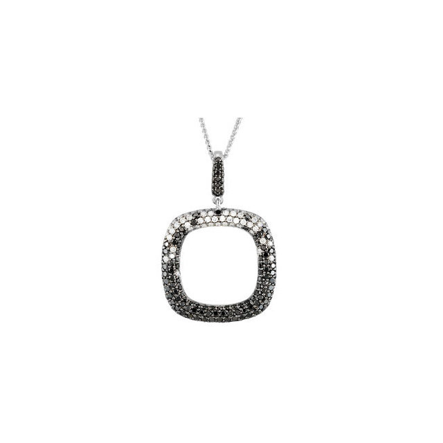 This unique 14k white gold pendant features diamonds and black diamonds for a total carat weight of 1 3/4ct. Diamonds are H-I in color and I1 or better in clarity. Black diamonds are irradiated to achieve color.
