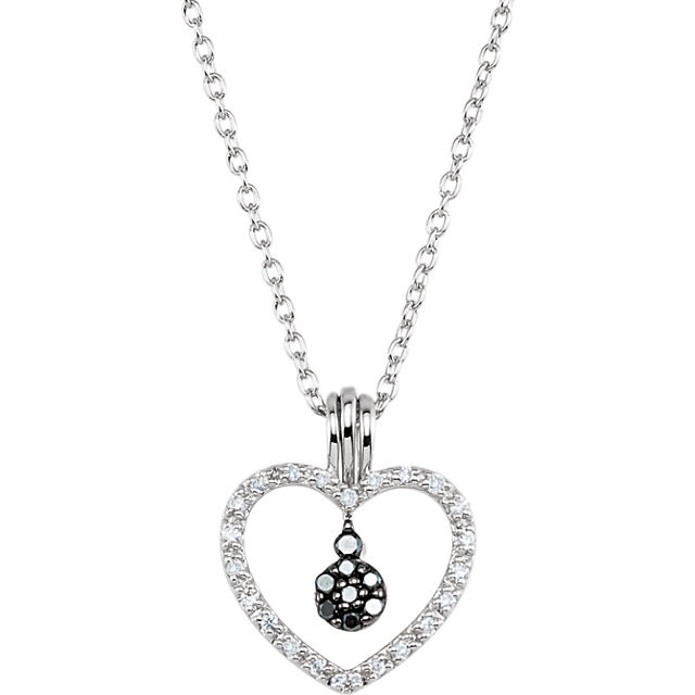 This romantic sterling silver necklace features a heart adorned with sparkling round diamonds. Diamond are 1/6ctw and H+ in color and I2 in clarity. Necklace is suspended from a sterling silver chain that is 18 inches in length.