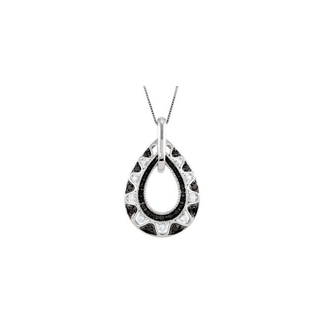 This unique 14k white gold pendant features diamonds and black diamonds for a total carat weight of 1/2ct. Diamonds are H+ in color and I1 or better in clarity. Black diamonds are irradiated to achieve color.