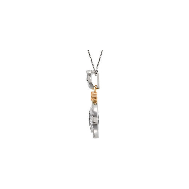 Add a little color to her life with this delightful diamond pendant. Fashioned in 14K white/rose gold, this pendant showcases an eye-catching 1/4 ct. tw. round black diamonds in the center stone. A border of shimmering diamond accents wraps the center stones in a sparkling embrace. Radiant with 1/4 ct. t.w. of diamonds and finished with a bright polish, this pendant suspends along an 18.0-inch chain that secures with a spring-ring clasp.