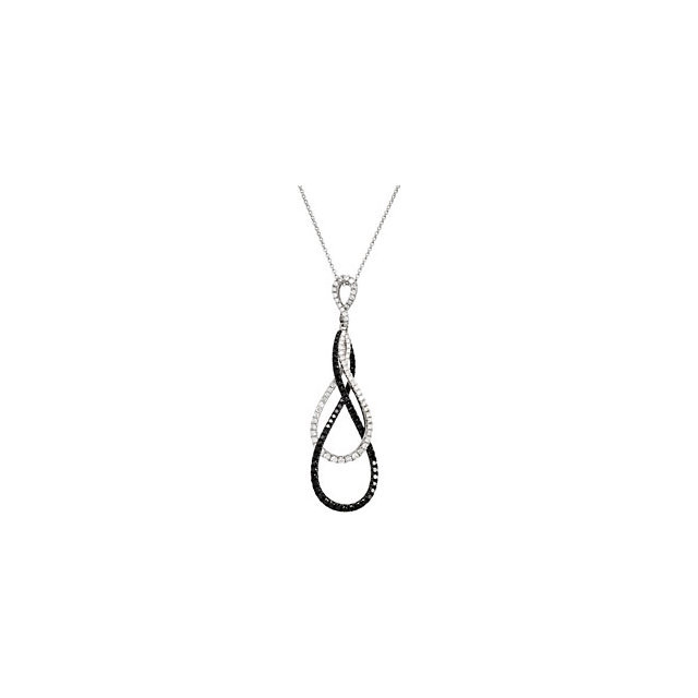 From the Twinkling Diamond collection, this 14k white gold teardrop pendant features a floating 1 1/3 ct diamond accented by black round diamonds and round diamonds. Diamonds are G-I in color, and I in clarity. Black diamonds have been treated to achieve color. Pendant is 57mm in length, 18mm in width, and is displayed on an 18inch chain.