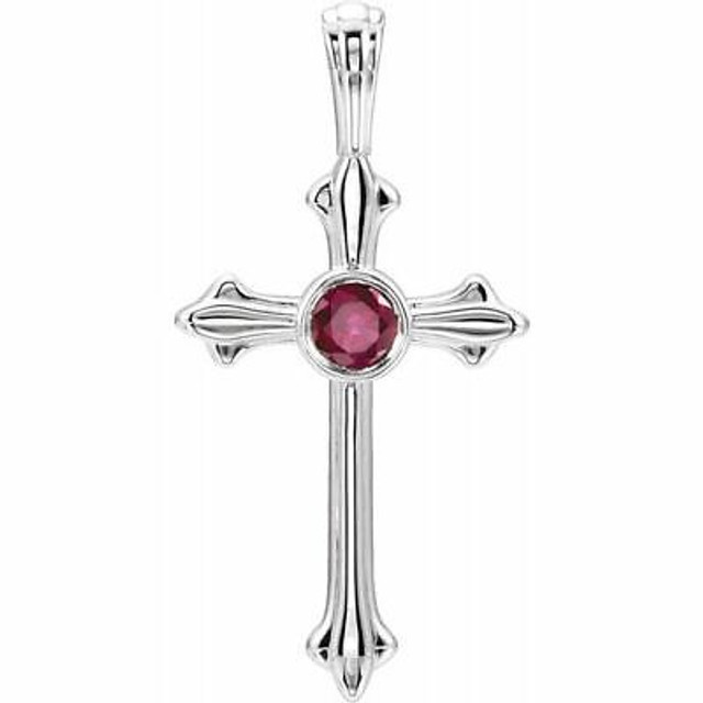 Symbolize your Christian faith with this ruby cross pendant in Sterling Silver. This simple gemstone cross pendant proudly displays one shining round-cut genuine ruby. The pendant has an approximate gold weight of 0.98 grams.