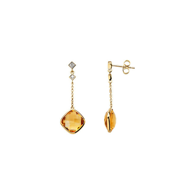 Elegant and dramatic, these captivating drop earrings are a statement look any woman would adore. Fashioned in 14K yellow gold, each earring showcases a 09.00x09.00mm citrine gemstones. Polished to a brilliant shine.