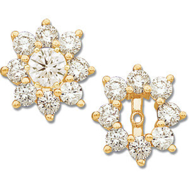These stunning 14k yellow gold earrings each feature 16 round cut genuine diamonds. Diamonds are 1 1/5ctw, G-H in color, and I1 or better in clarity. Polished to a brilliant shine. Studs not included.