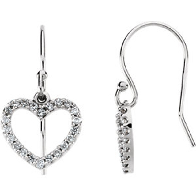 These unique and stylish diamond heart drop earrings feature 44 brilliant-cut round diamonds beautifully set in a sparkling prong setting.