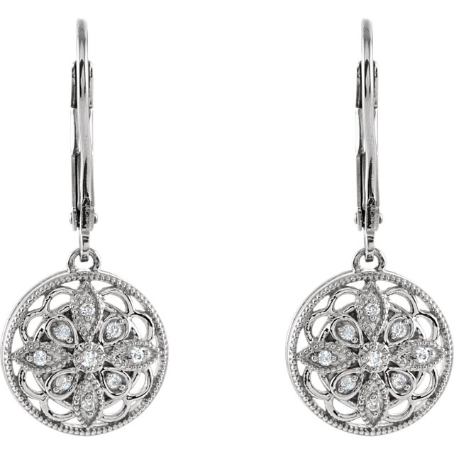 Be the center of attention in these incredible diamond leverback earrings, which are crafted from sterling silver and feature 18 round single cut white diamond accents. Polished to a brilliant shine.