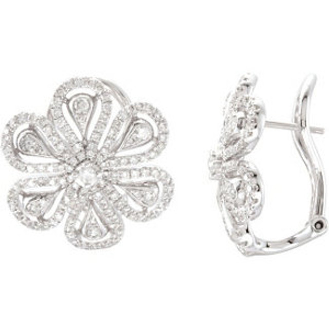 Be amazing. You'll feel nothing but confidence as you strut through the party in these diamond flower earrings. These earrings have a bright outlook and will sparkle as you tango under the spotlights. Imagine how many dresses will look out-of-this-world beautiful by simply slipping on these studs.

    254 diamonds.
    Strong craftsmanship for durability.

Shines bright. These earrings will always gather attention with their 254 diamonds. The diamonds have a very good cut, H-I color, I1 clarity rating and a 1.25 ct. tw.