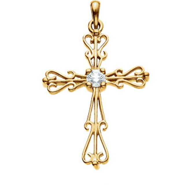 A glistening expression of faith, this diamond cross pendant will take her breath away. Expertly crafted in warm 14K yellow gold, this simple cross is completely outlined with a brilliant array of rich round and square diamonds. Designed to delight, this pendant captivates with .33 ct. t.w. of diamonds and a polished shine. 