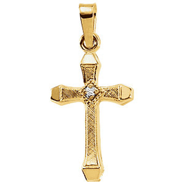 This lovely accented hollow cross diamond pendant is crafted in polished diamond-cut 14K yellow gold and measures 17.00x11.00mm. Polished to a brilliant shine. Chain sold separately!