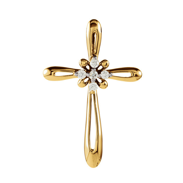 Diamond cross pendant in 14k yellow gold measures 26.00x19.00mm. Polished to a brilliant shine. Chain sold separately!