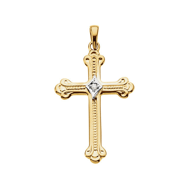 Diamond cross pendant in 14k gold measures 19.50x12.50mm and radiant with .02 ct. tw. Polished to a brilliant shine.