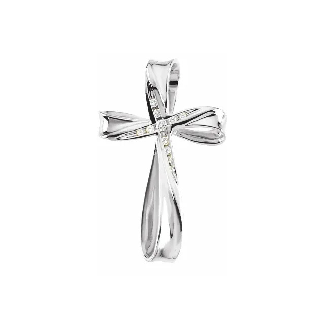 Beautifully crafted, this diamond pendant features round diamonds set in a dainty cross design of 14k white gold.