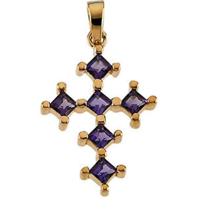 Six genuine amethyst gemstones and high-polished 14K yellow gold come together to create this beautiful cross. The step-cut, A-grade gemstones are square-shaped and are prong-set. Measures approximately 1" in length. Chain sold separately!