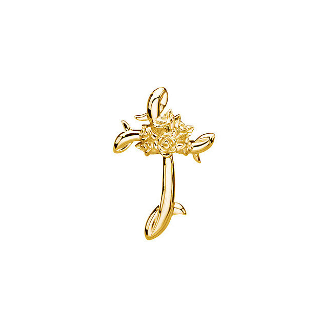 This beautiful, Hispanic-style rose cross is crafted entirely in high-polished gold with curled cross ends and a lovely bouquet of roses in the center. Measuring approximately 1" in length, it is available in either yellow, white or rose gold; choose color from selection box above.