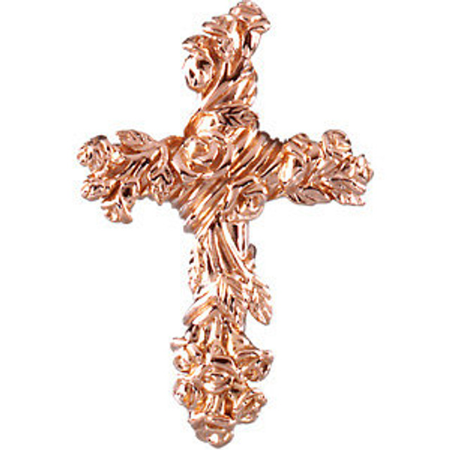 Delicate in design, this floral style cross pendant is crafted in 14k rose gold and measures 26.50x17.50mm.