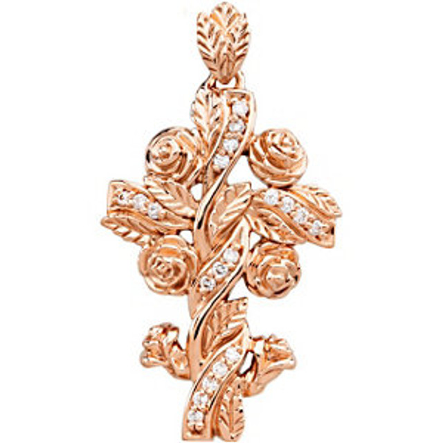 Stems of 14K gold roses are adorned with nineteen, sparkling full cut diamonds in this elegant, floral cross.  The prong-set diamonds have a combined weight of 0.14 carat. Polished to a brilliant shine.