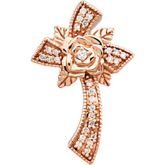 Stems of 14K gold roses are adorned with twenty eight, sparkling full cut diamonds in this elegant floral style cross.  The prong set diamonds have a combined weight of 1/6 carat.  Measures approximately 27.25x17.25mm and is available in your choice of yellow, white or rose gold.